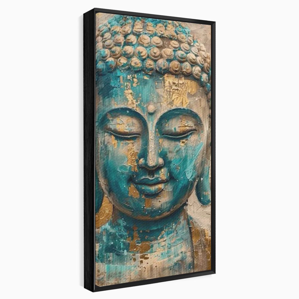 Tablou canvas cu tablou canvas cu capul lui buddha, in rama de aluminiu negru